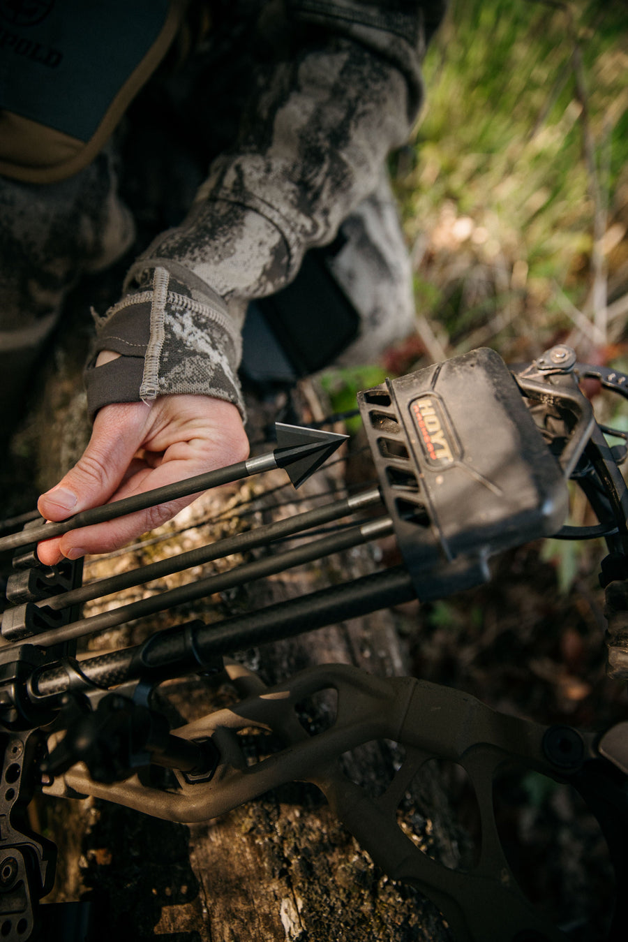 Arrows with broadheads carried in a bow quiver