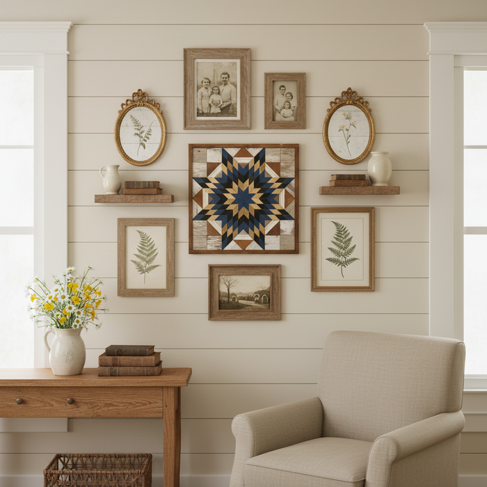 Reclaimed-wood barn quilt in a styled gallery-wall room scene