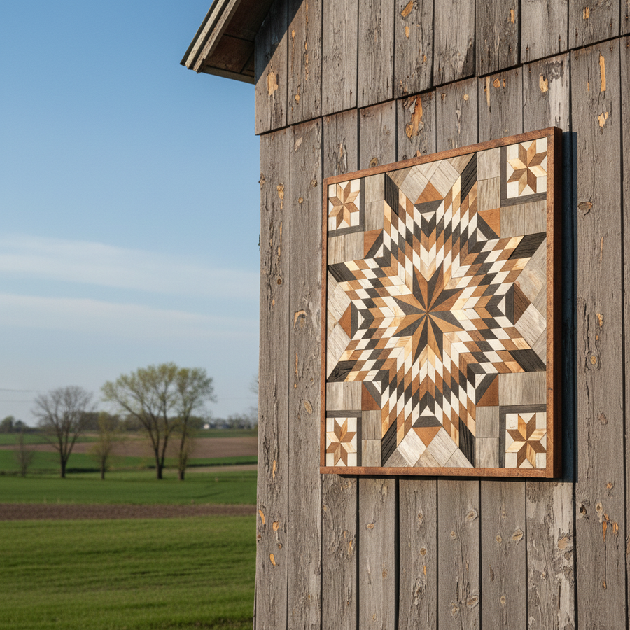 Reclaimed-wood barn quilt with a painted geometric star pattern in a styled display scene