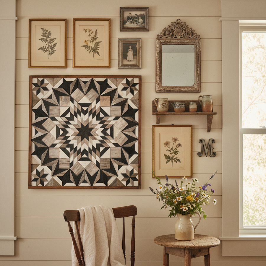 Reclaimed-wood barn quilt with a painted geometric star pattern in a styled display scene