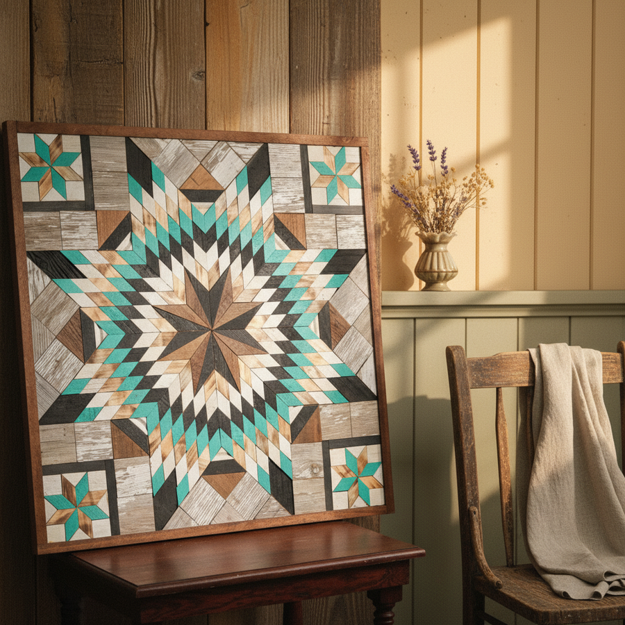 Reclaimed-wood barn quilt with a painted geometric star pattern in a styled display scene