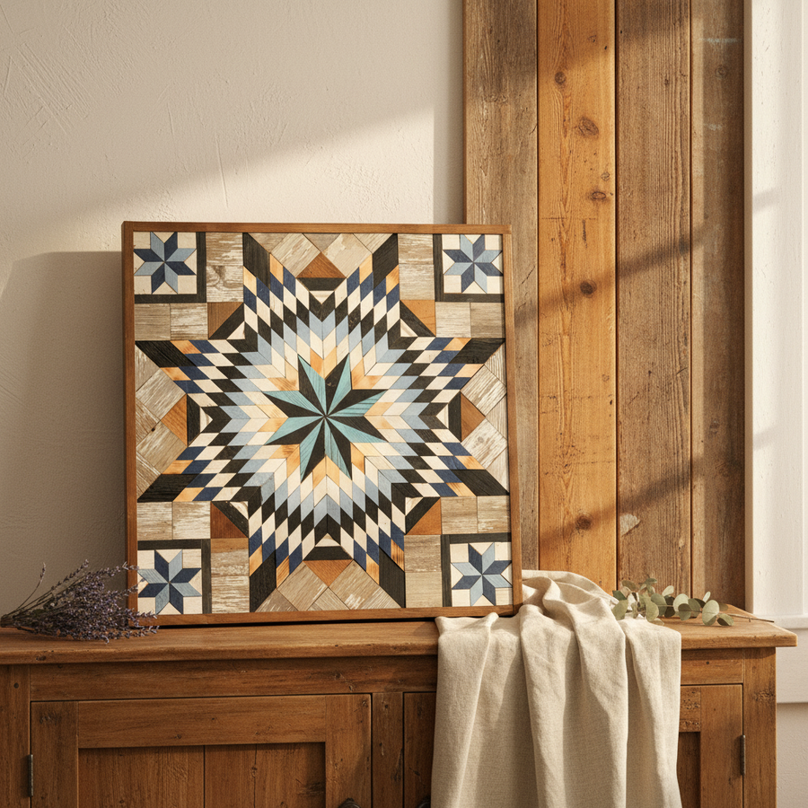 Reclaimed-wood barn quilt with a painted geometric star pattern in a styled display scene