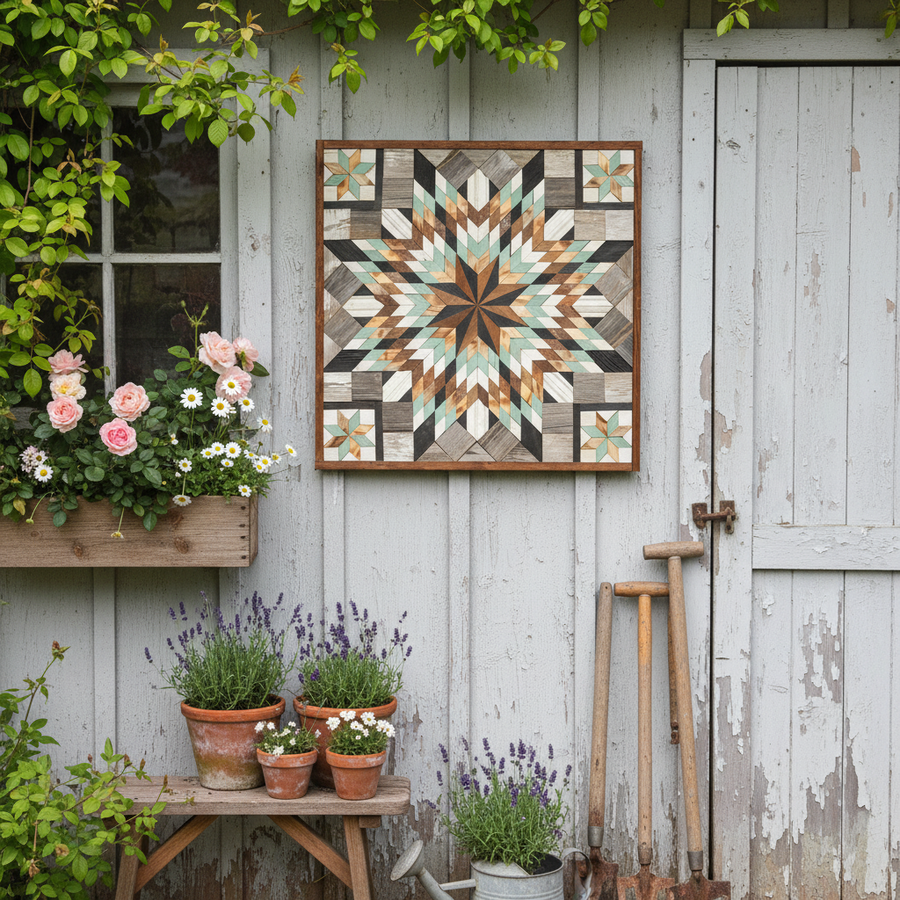 Reclaimed-wood barn quilt with a painted geometric star pattern in a styled display scene