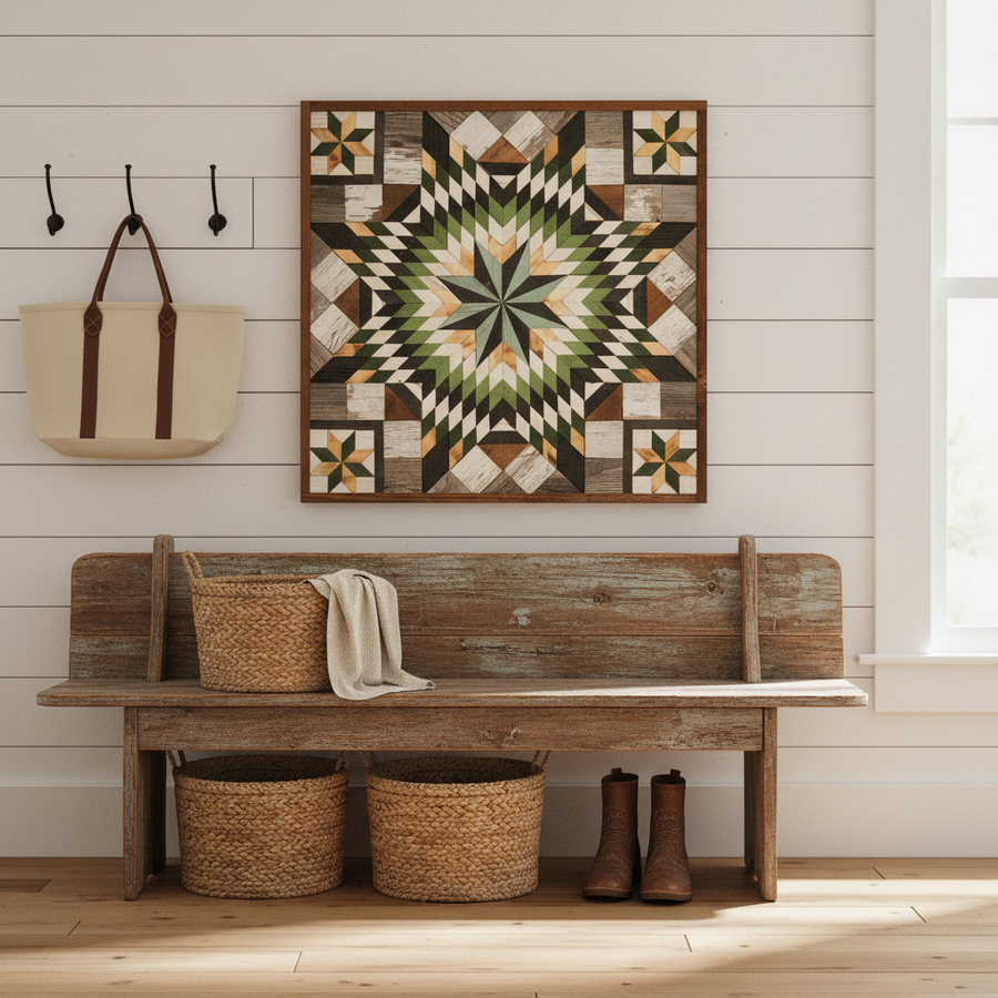 Reclaimed-wood barn quilt with a painted geometric star pattern in a styled display scene