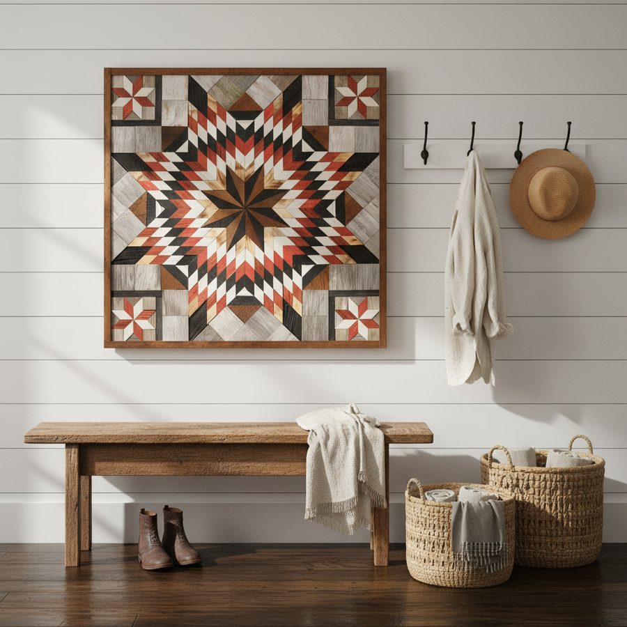 Reclaimed-wood barn quilt with a painted geometric star pattern in a styled display scene