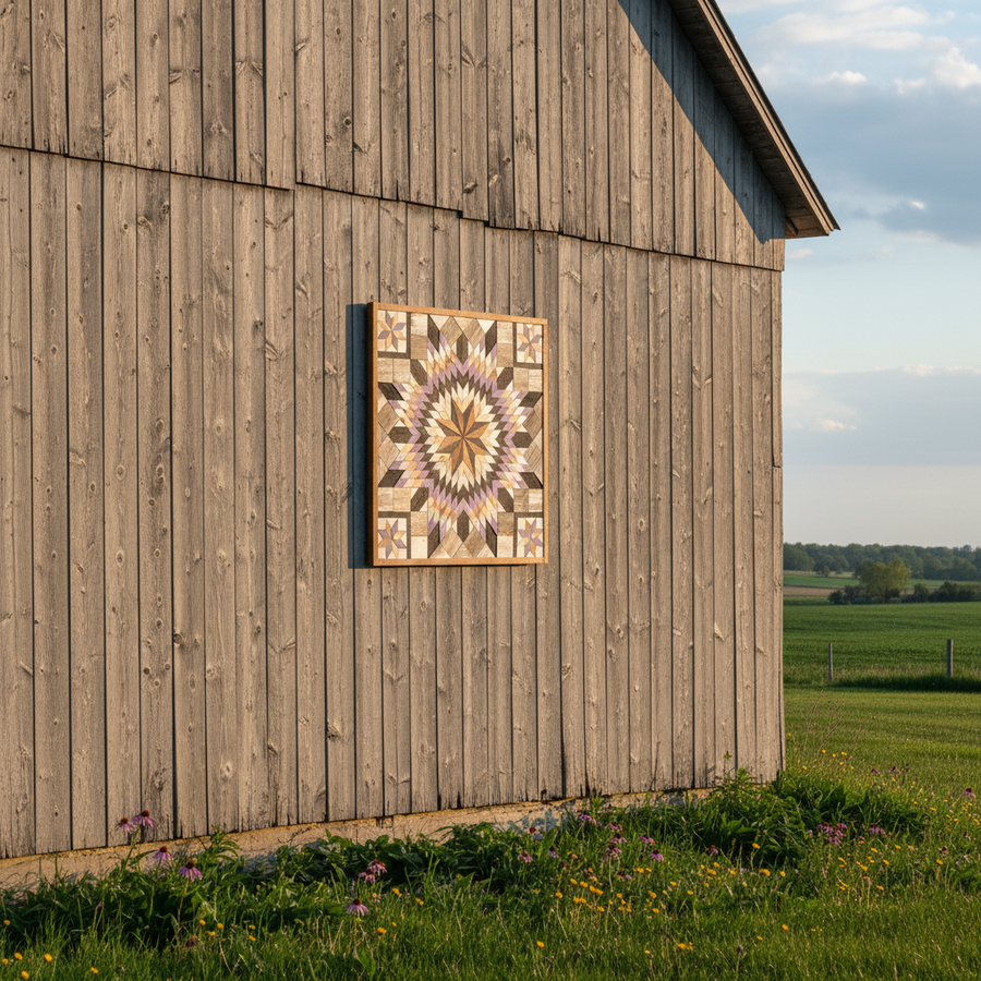 Reclaimed-wood barn quilt with a painted geometric star pattern in a styled display scene