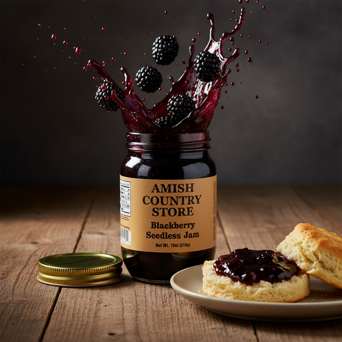 Seedless Blackberry Jam package with serving suggestions in a styled food scene