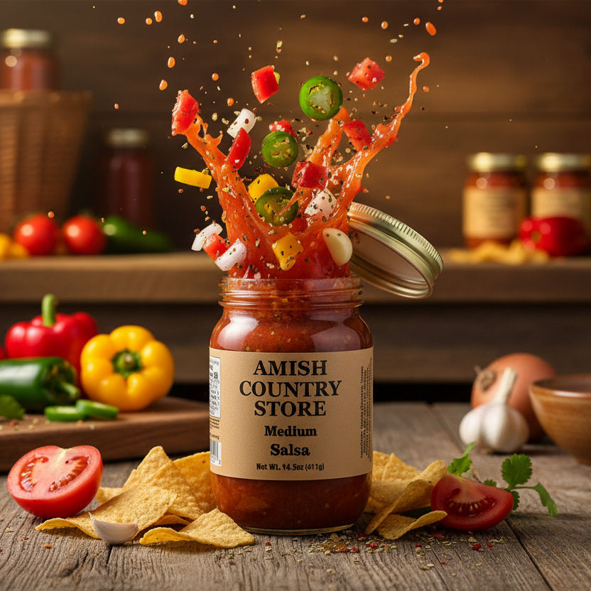 Medium Salsa package with serving suggestions in a styled food scene