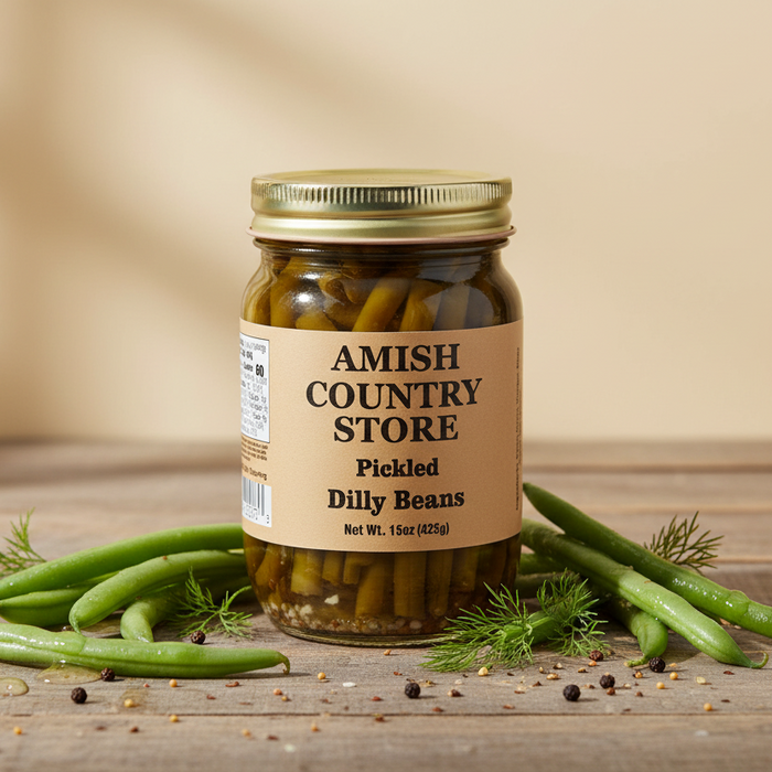 Pickled Dilly Beans – package with serving suggestions in a styled food scene