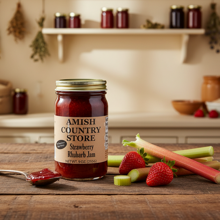 Juice-sweetened strawberry rhubarb jam jar with strawberries and rhubarb in a styled scene.
