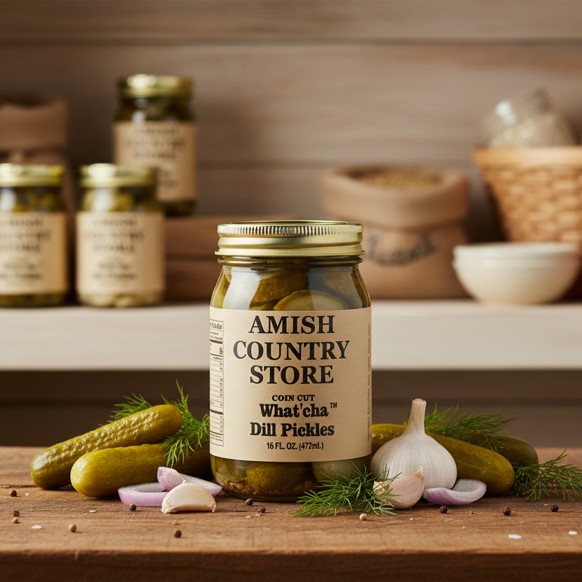 What’cha Dill Pickles – Tangy & Garlicky package with serving suggestions in a styled food scene