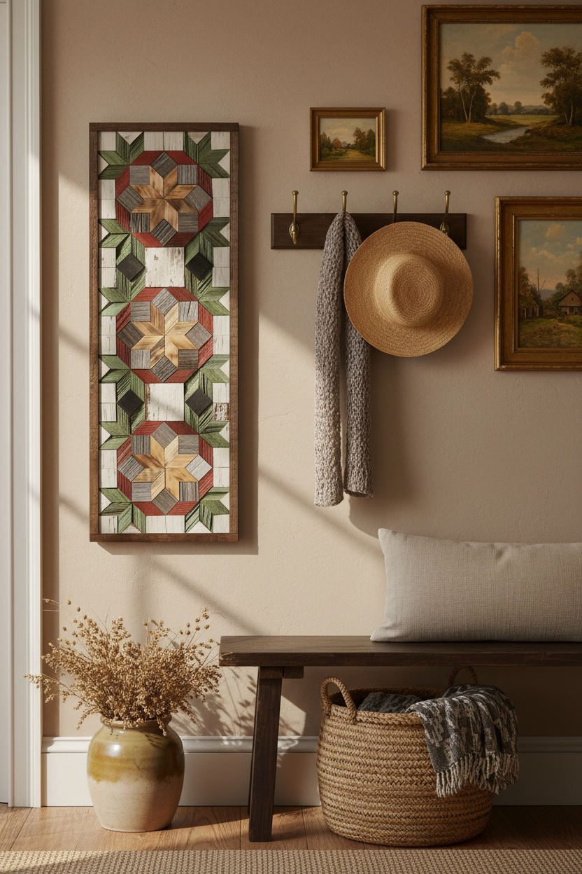 Tall reclaimed-wood barn quilt banner displayed in a styled entryway