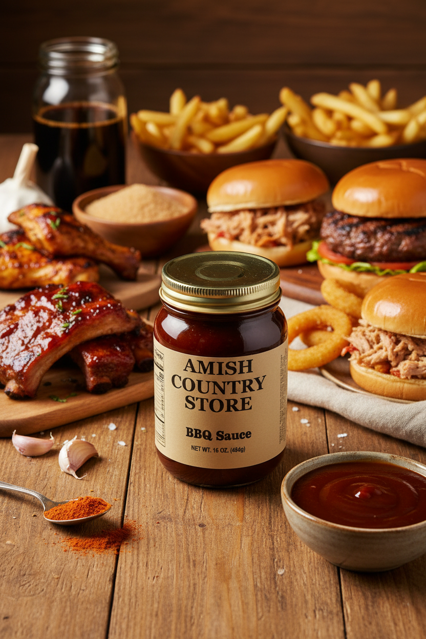 Southern-Style Sweet BBQ Sauce package with serving suggestions in a styled food scene