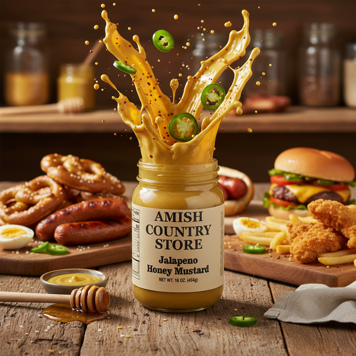 Jalapeño Honey Mustard package with serving suggestions in a styled food scene
