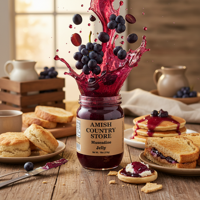 Muscadine Jelly package with serving suggestions in a styled food scene