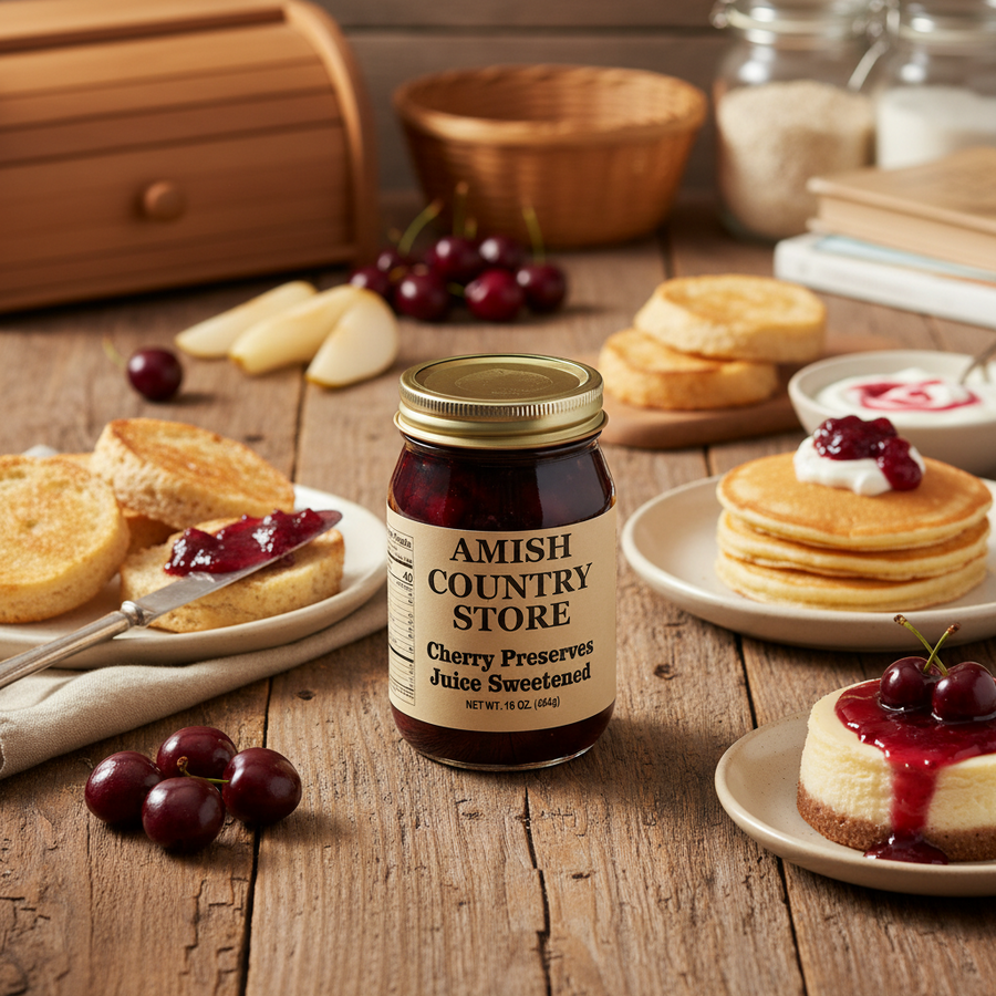 Juice-Sweetened Cherry Preserves package with serving suggestions in a styled food scene