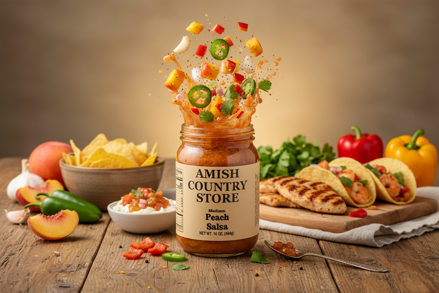 Peach Salsa package with serving suggestions in a styled food scene