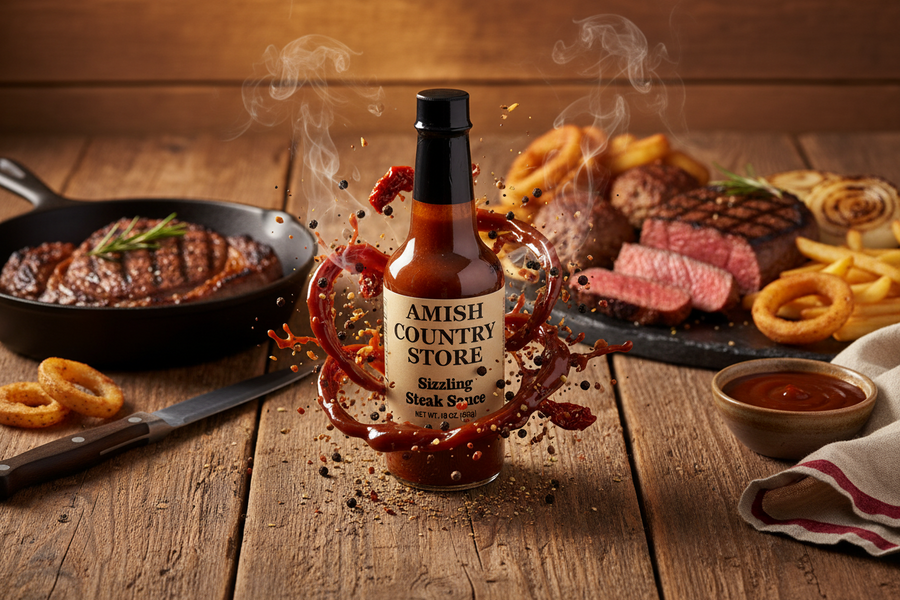 Sizzling Steak Sauce package with serving suggestions in a styled food scene