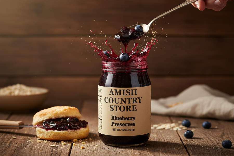 Blueberry Preserves package with serving suggestions in a styled food scene