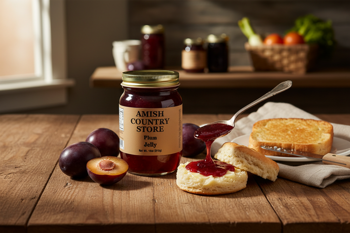 Plum Jelly package with serving suggestions in a styled food scene