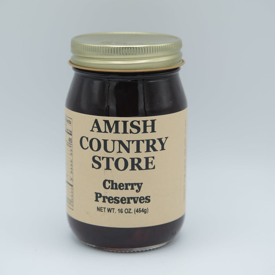 Front of the 16 oz cherry preserves jar with its product label.