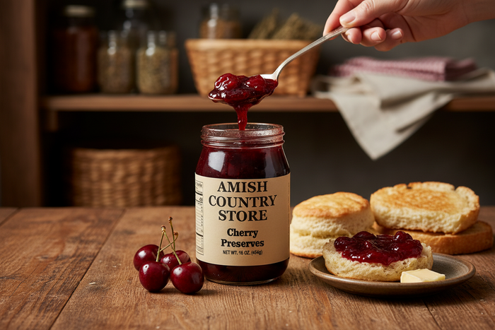 Cherry preserves jar with a spoonful of preserves, biscuits, and cherries in a styled serving scene.