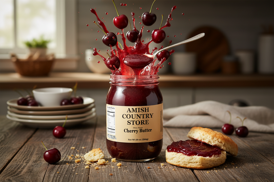 Cherry Butter package with serving suggestions in a styled food scene