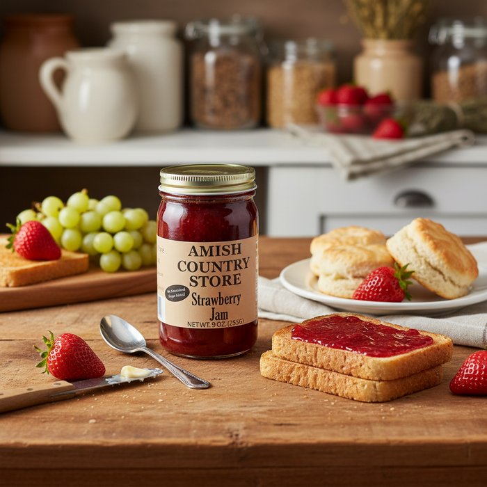 Strawberry Jam package with serving suggestions in a styled food scene