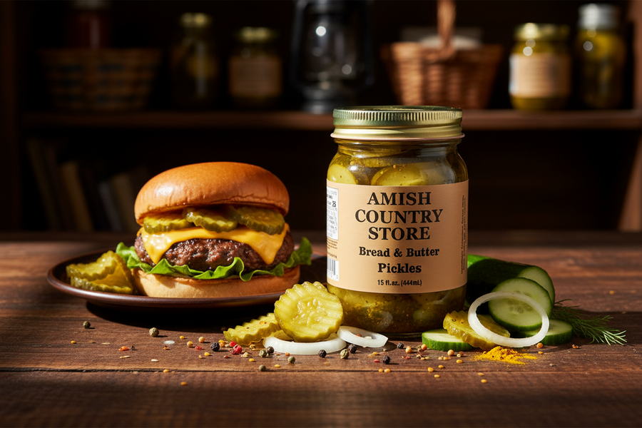 Bread & Butter Pickles package with serving suggestions in a styled food scene