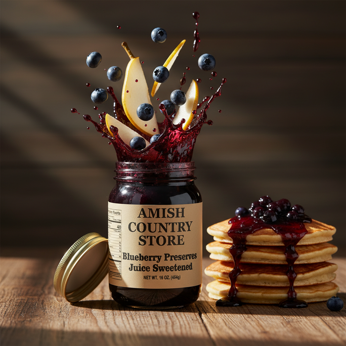 Juice-Sweetened Blueberry Preserves package with serving suggestions in a styled food scene