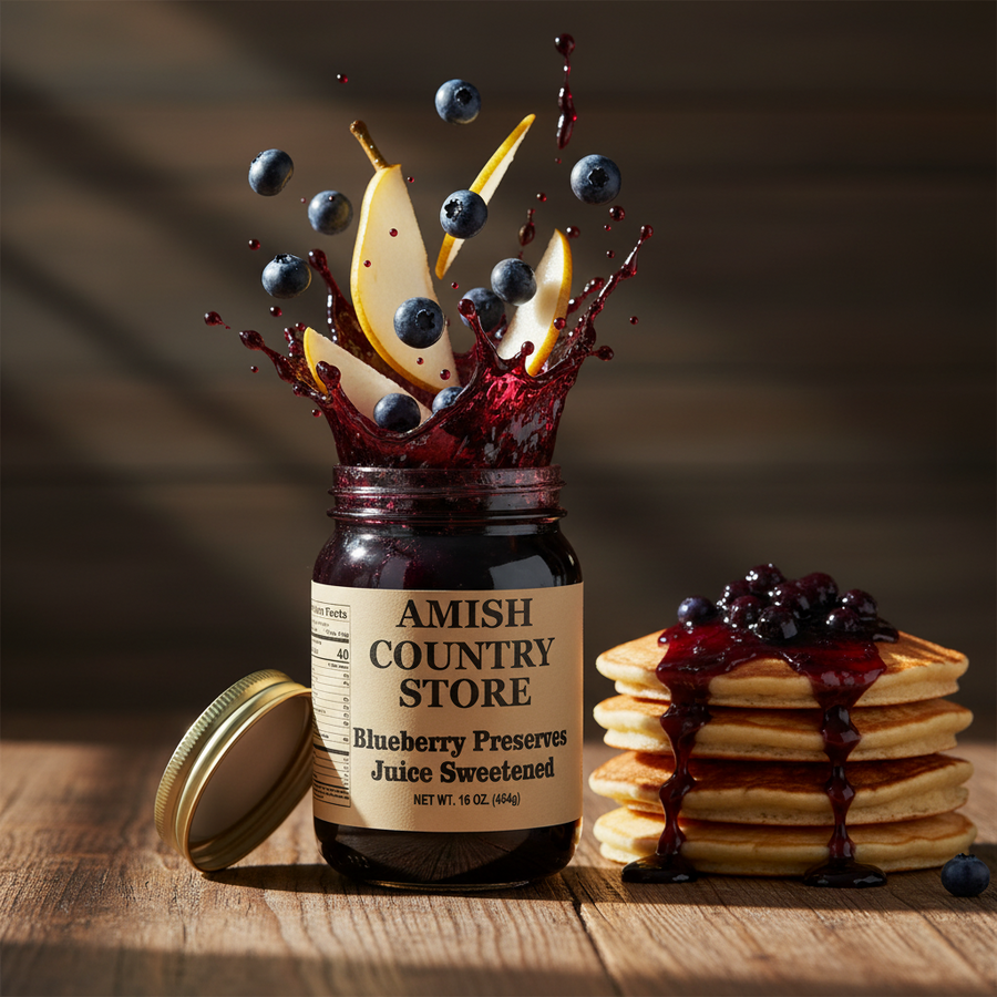 Juice-Sweetened Blueberry Preserves package with serving suggestions in a styled food scene