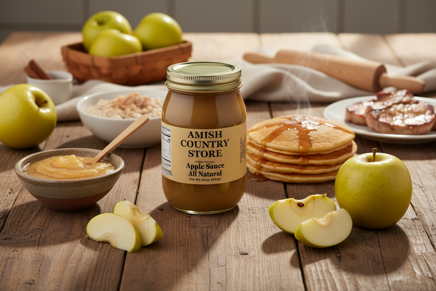 Golden Delicious Apple Sauce package with serving suggestions in a styled food scene