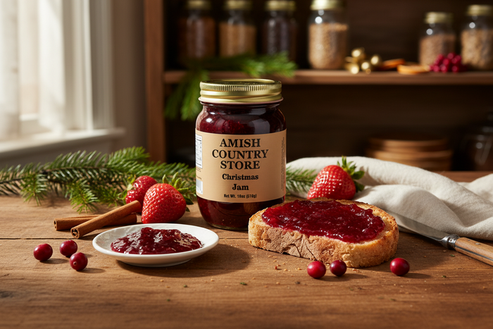 Strawberry Cranberry Christmas Jam package with serving suggestions in a styled food scene