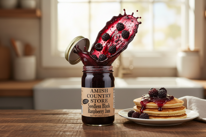 Juice-Sweetened Seedless Black Raspberry Jam package with serving suggestions in a styled food scene