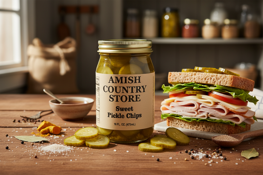 Sweet Pickle Chips package with serving suggestions in a styled food scene