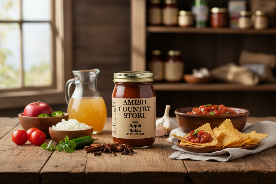 Apple Salsa package with serving suggestions in a styled food scene