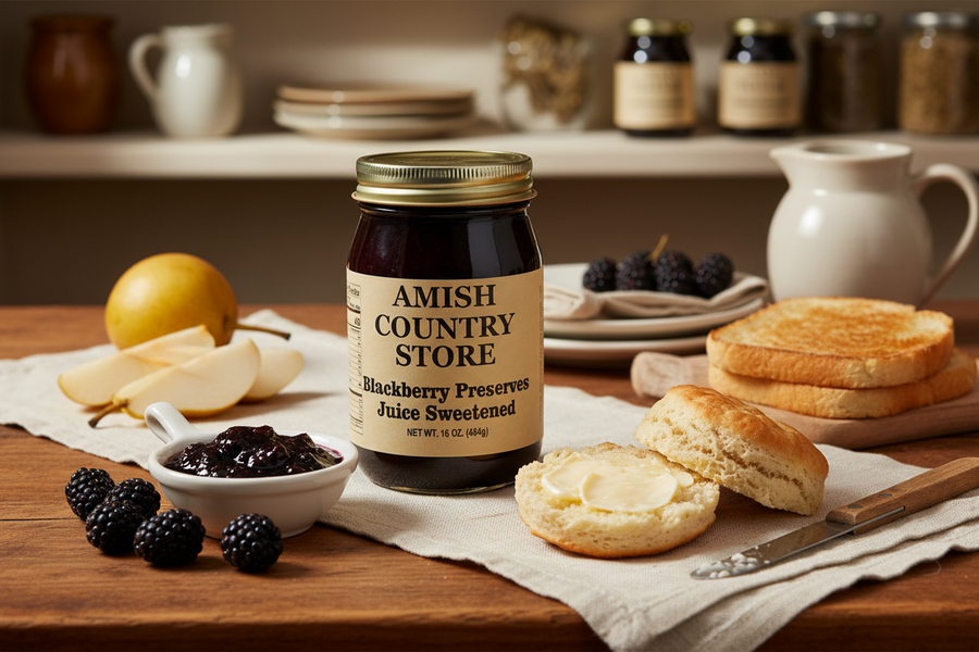 Juice-Sweetened Blackberry Preserves package with serving suggestions in a styled food scene