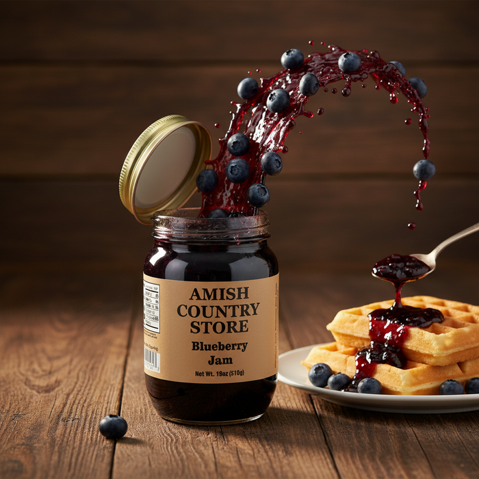 Blueberry Jam package with serving suggestions in a styled food scene