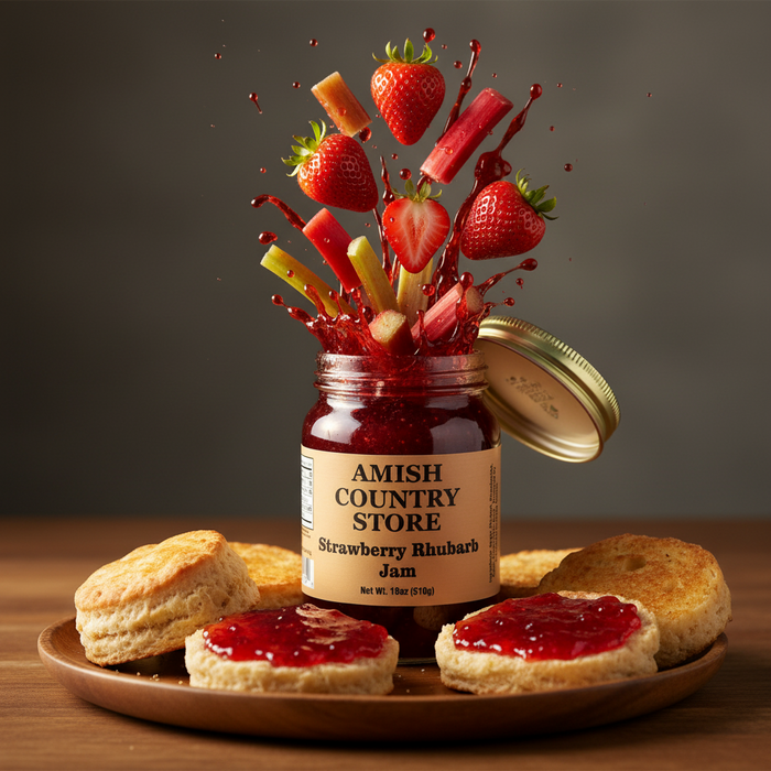 Strawberry Rhubarb Jam package with serving suggestions in a styled food scene