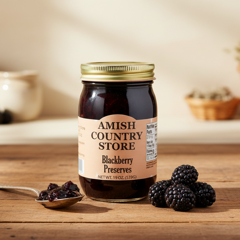 Blackberry Preserves package with serving suggestions in a styled food scene
