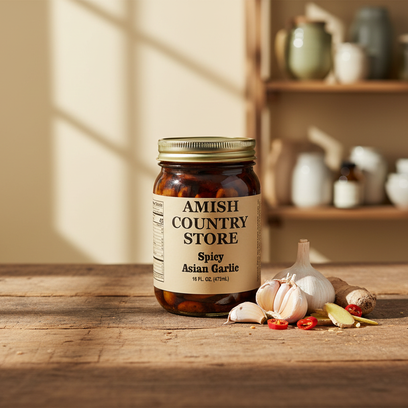 Spicy Asian Garlic package with serving suggestions in a styled food scene