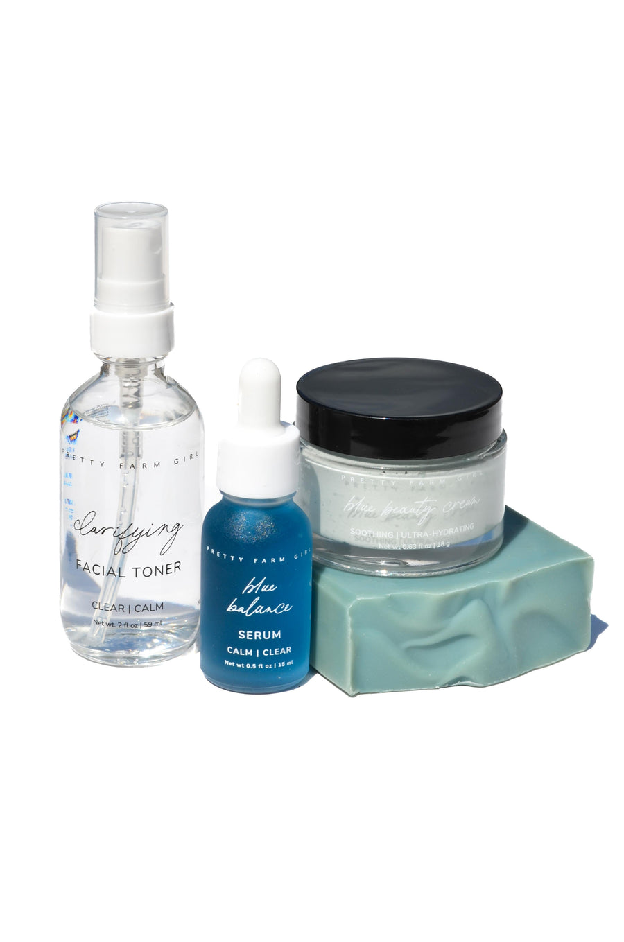 Toner, Blue Balance serum, blue soap and cream on a white tray