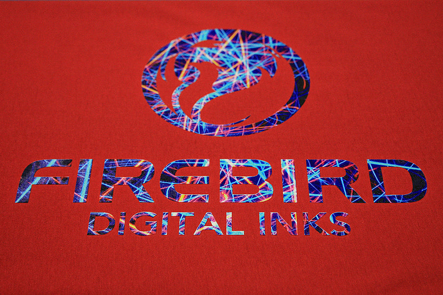 Multicolor FIREBIRD logo printed on red fabric