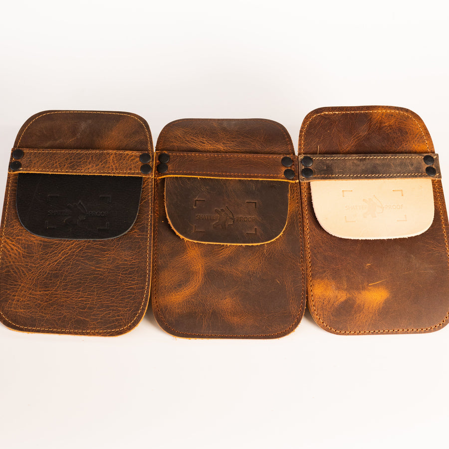 Leather Pocket Arrow Quiver — three pocket-quiver color variations