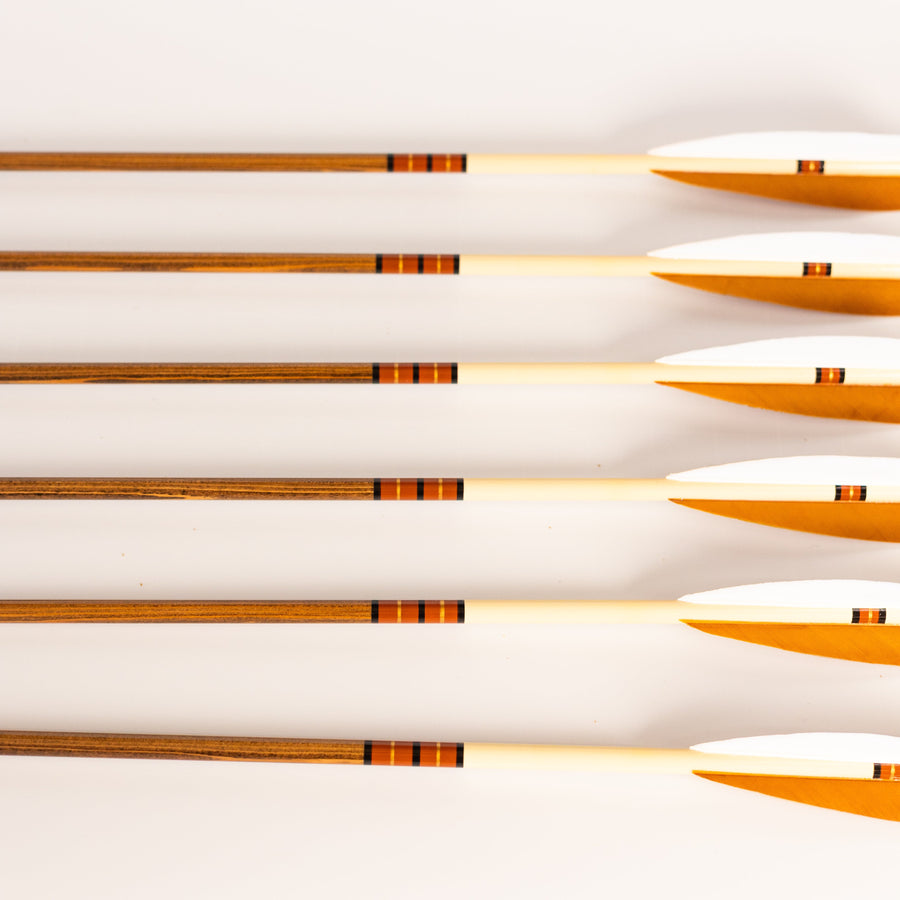 USA-Made Western Larch Wood Arrows — feather-fletched ends of six arrows
