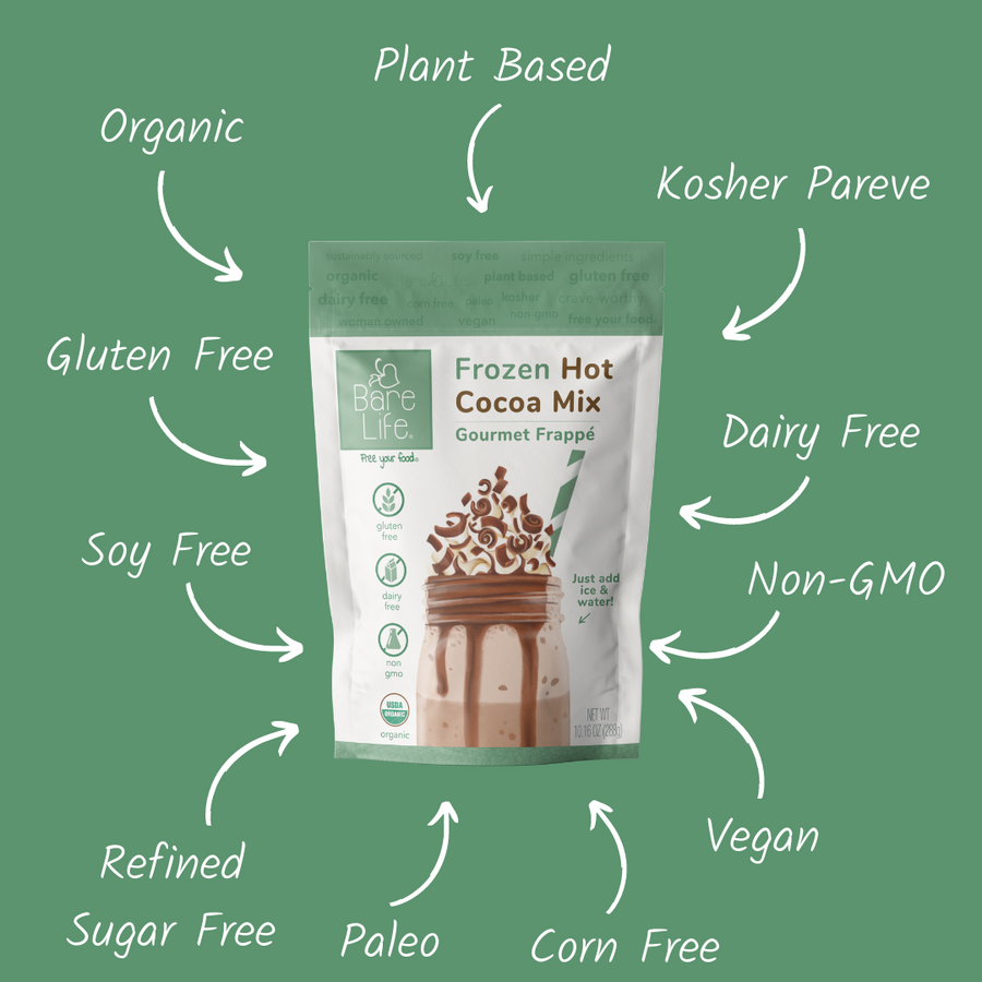 Frozen cocoa pouch surrounded by dietary attribute labels on a green background