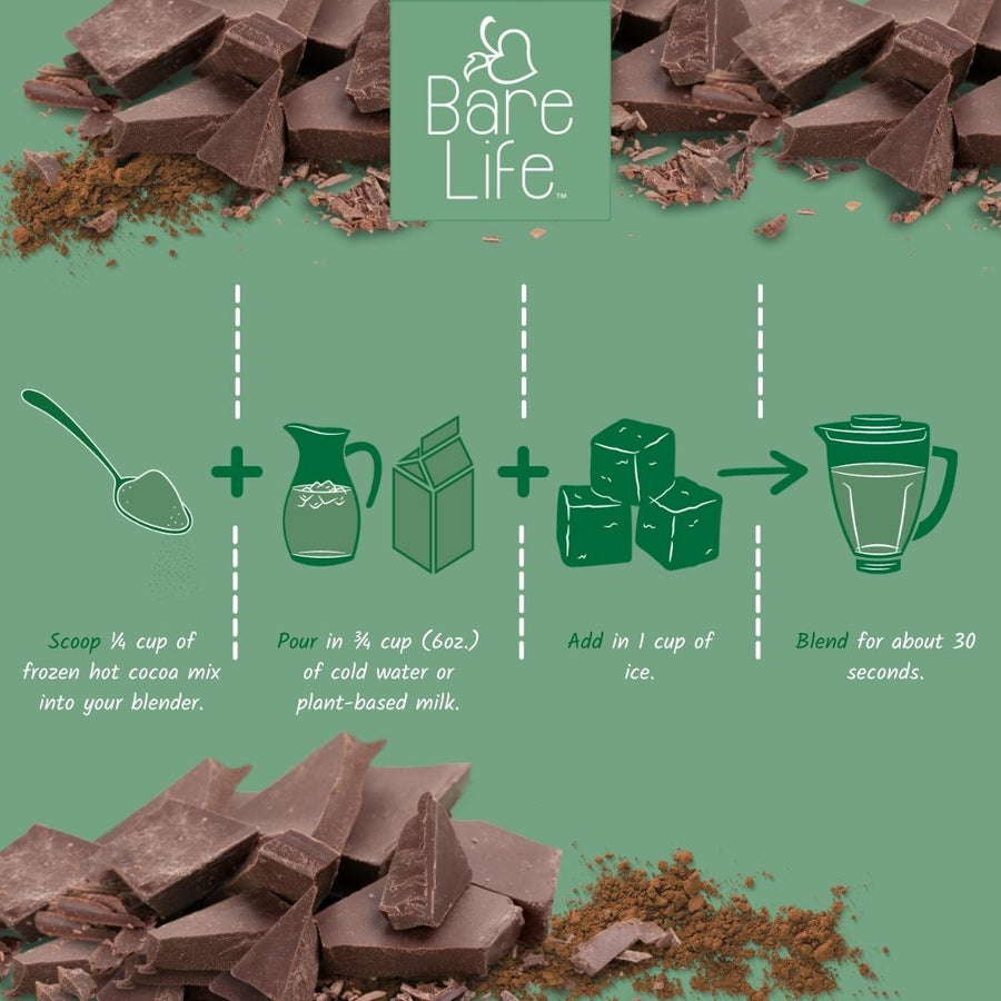 Illustrated directions for blending frozen hot cocoa mix with liquid and ice