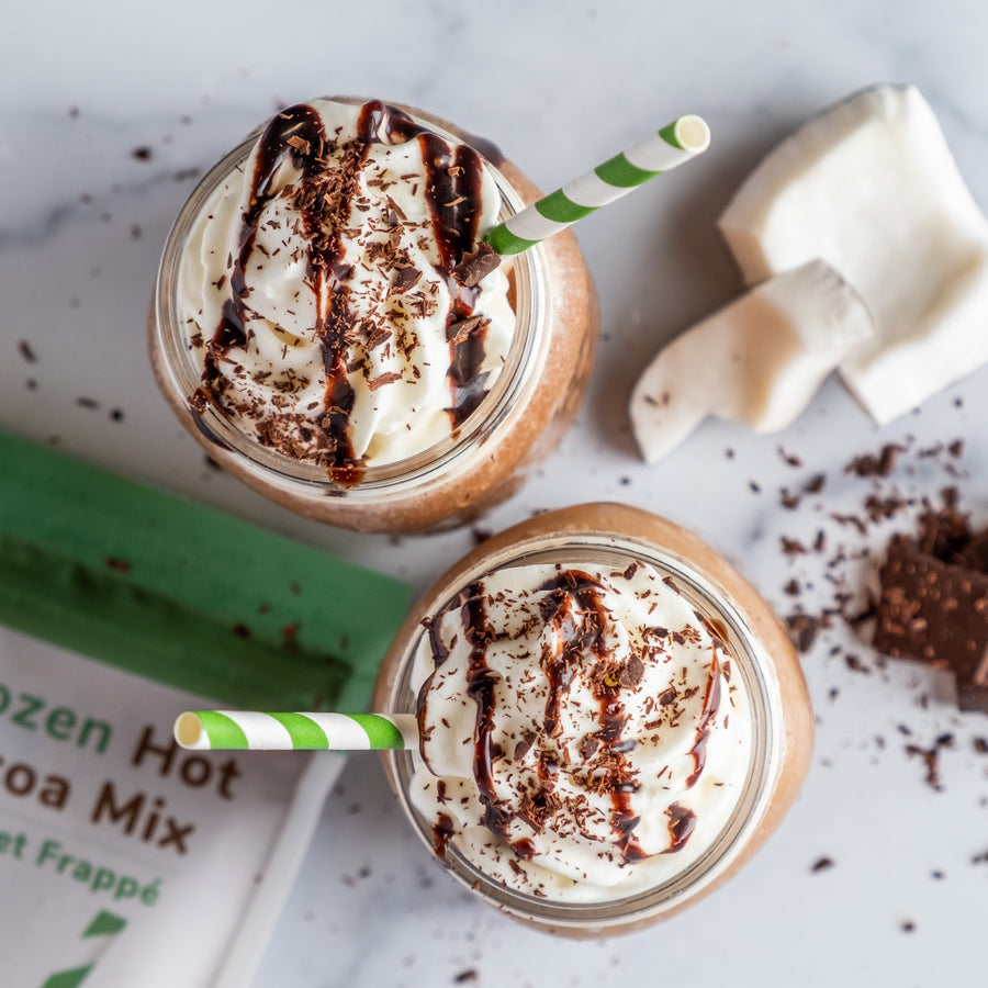 Two glasses of frozen hot chocolate with whipped topping and chocolate drizzle