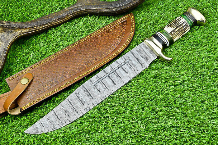 Deluxe Dundee Knife – 16" Handmade Damascus Steel Blade with Brass Guard & Pakkawood or Stag Horn Handle + Leather Sheath