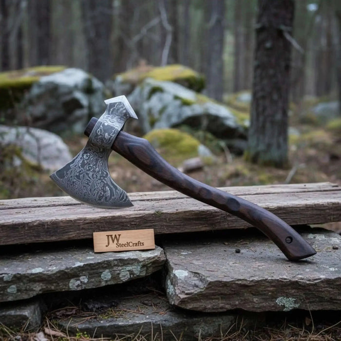 Hand-forged Scandinavian Forest Axe with Damascus Blade and Ergonomic Wood Handle
